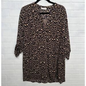 Entro Grey Black Brown Cheetah Animal Knee Length 3/4 Sleeve Slip Dress -sz L